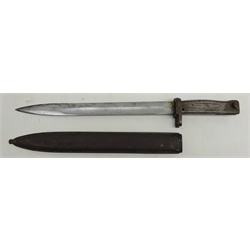  Late 20th century bayonet, 31cm part fullered single edge blade, metal grip with spring button and open muzzle ring, in metal scabbard, indistinctly stamped, L45cm  
