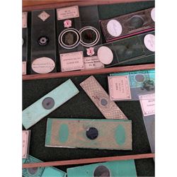 Victorian collector's specimen cabinet, containing a number of prepared microscope slides including miniature photographs, animal and human pathological, physiological and histological specimens and botanical specimens, mostly annotated in ink, the cabinet with glazed door, the drawers with bone handles and lined with green felt, owned by Dr Arthur Bristow, together with a picture of the doctor, cabinet H43cm