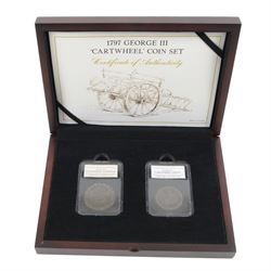 George III 1797 cartwheel two pence and cartwheel penny, housed in Westminster presentation case