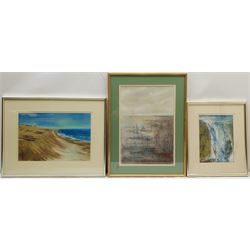 Madeleine Eyland (Belgian/British 1930-2021): 'Suffolk Coast', Marshy Landscape and 'Waterfall', three pastels signed, max 38cm x 26cm (3) 
Provenance: artist's studio collection. Marie-Madeleine Eyland (neé Legrain) was born in 1930 at Floriffoux, Belgium; she lived most of her life in Scarborough working as a nurse and an artist.