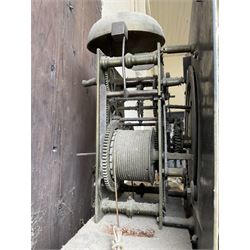 Robert Henderson of Scarborough -mid-18th century eight-day longcase clock c1750, with a flat topped pediment and broad cornice, carved frieze beneath and a square hood door flanked by detached pilasters with gesso capitals, profusely carved trunk with a break arch topped door on a square plinth raised on a shaped base, brass dial with a matted and engraved dial centre, cast spandrels and chapter with Roman numerals and five minute Arabic's, with a seconds dial and date aperture, dial pined directly to a rack striking movement with a recoil anchor escapement, sounding the hours on a bell. With weights and pendulum.
Robert Henderson was one of the first clockmaker recorded as working in Scarborough, b1678-d1756.

