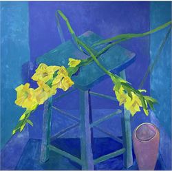 Catherine Ann Merkin (British 1969-): Yellow Flowers on a Stool, oil on canvas, signed and dated 1991 verso 152cm x 152cm