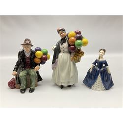 Three Royal Doulton figures, comprising Debbie HN2385, The Balloon Man HN1954 and Biddy Penny Farthing HN1843

