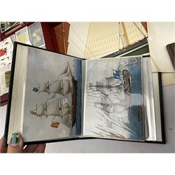 Set of four framed coloured prints humorous fire brigade related, after Chris Reynolds, together with Brooke bond picture cards, to include Asian wild life, the race into space, travel through the ages etc