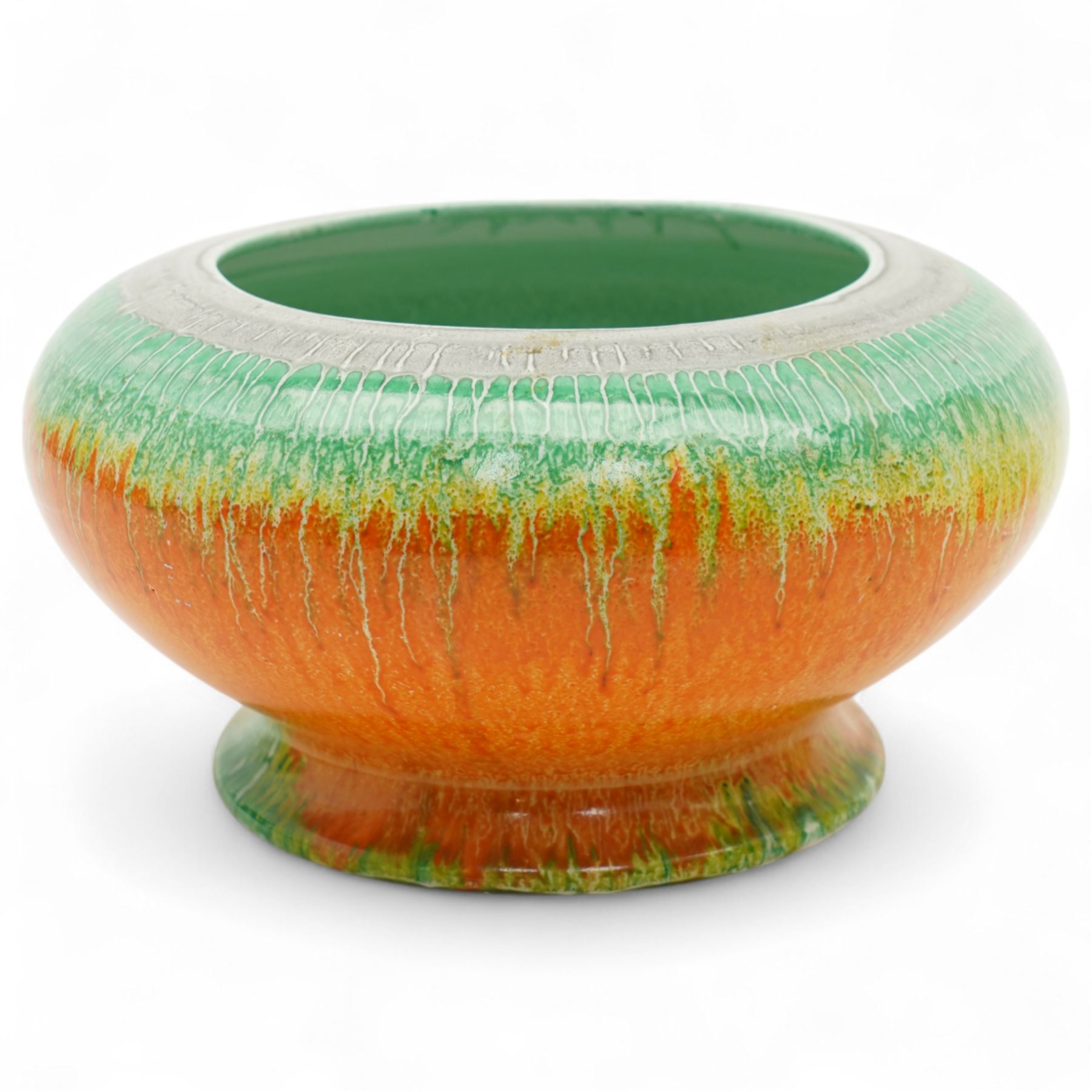 Collection of Shelly Harmony Drip wares, including conical form volcano vase, cake stand, raised bowl and squat vase, in shades of brown orange and green, volcano vase H21cm (4)