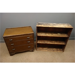 Early 20th century oak chest, small raised back, three graduating drawers, bracket supports, (W77cm, H73cm, D42cm), and an early 20th century pine bookcase, (W92cm, H90cm, D28cm)  