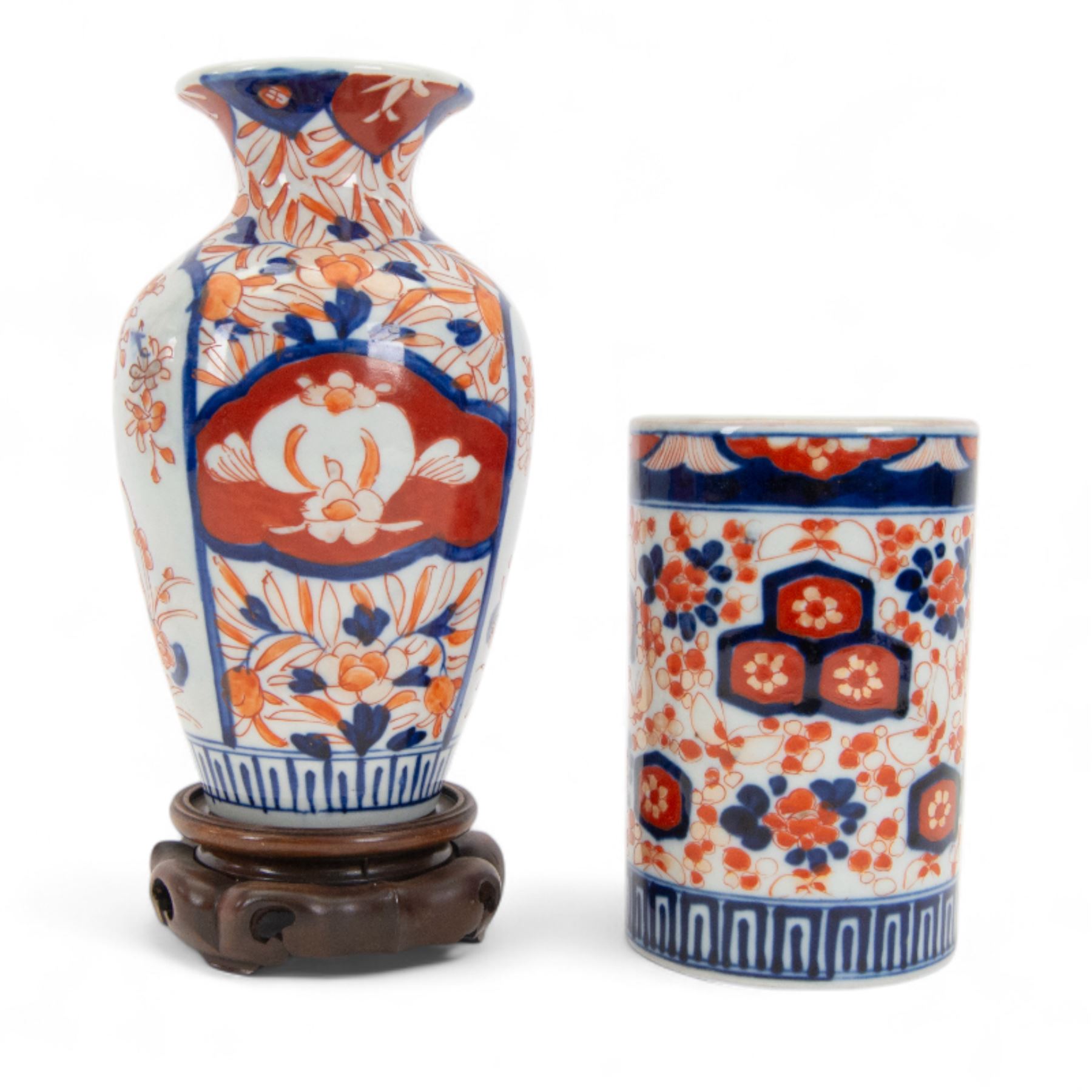 Chinese cylindrical crackle ware vase, decorated birds and peonies, together with imari brush pot, and vase, cylindrical vase H26cm