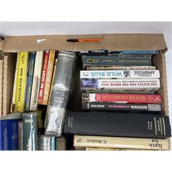 Large collection of hardback and paperback books, mainly military books, to include Band of Brothers, Dawn of D-Day, Dessert Warrior, Book of the Somme, Battle of Britain, etc in four boxes  