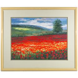 Shirley Trumble (Yorkshire 1937): 'Bluebells' and 'Sunlit Poppies II', pair of pastels signed with monogram, titled on artist's label verso max 46.5cm x 61.5cm (2)