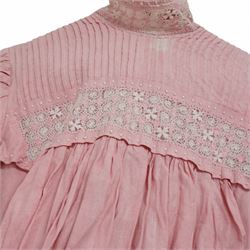 Edwardian ladies pink linen bodice and skirt, with eyelet closure and lace detailing to skirt cuffs and collar, with gathered and pleated detailing 