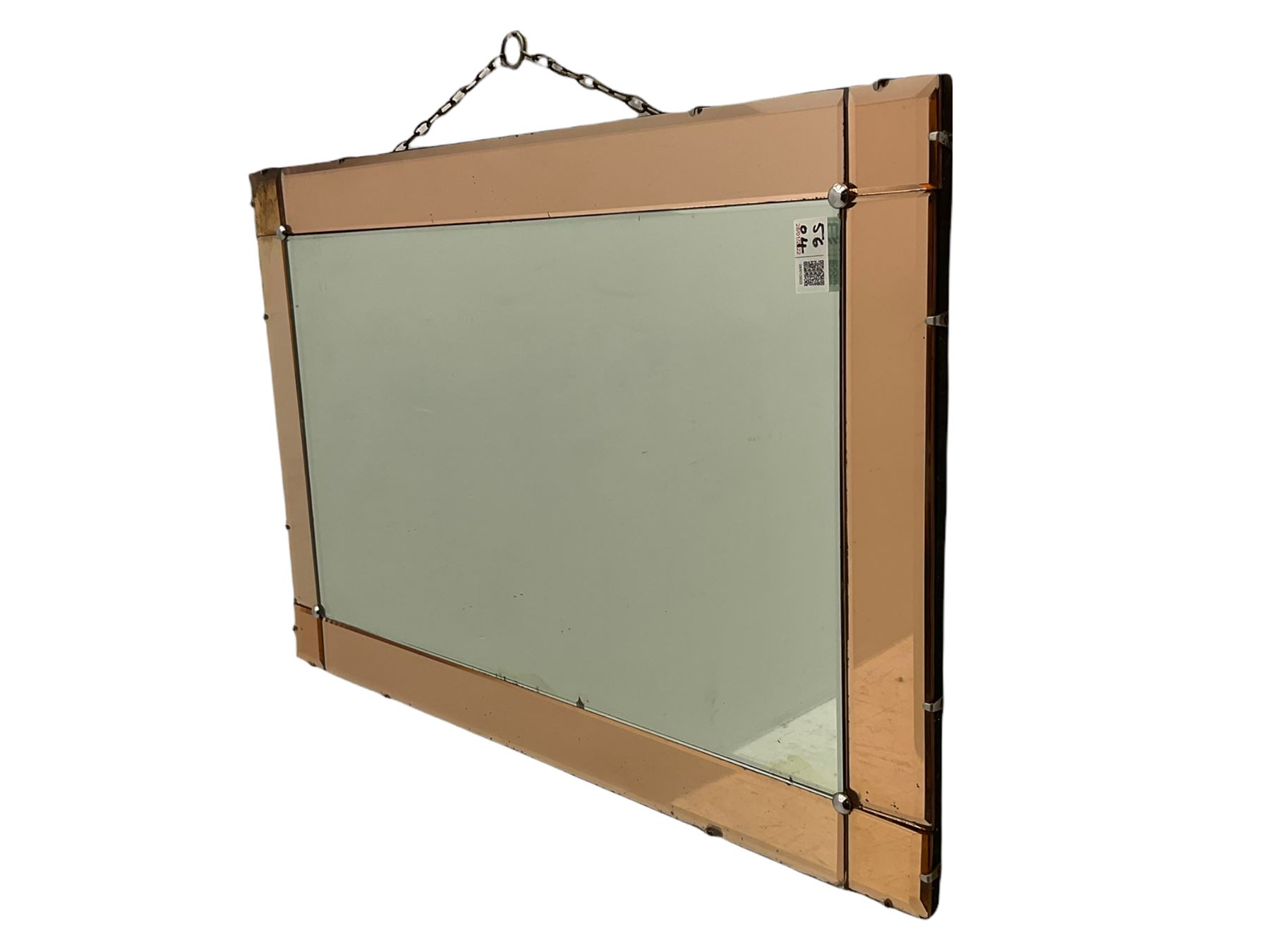 Late 20th century 'Coca Cola' style mirror (64cm x 89cm), and a 20th century frameless mirror (44cm x 67cm)