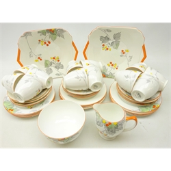  Shelley 1930's 'Berries' pattern tea ware for twelve persons comprising twelve trios, two sandwich serving plates, milk jug and sugar bowl, No. 345 (40)  