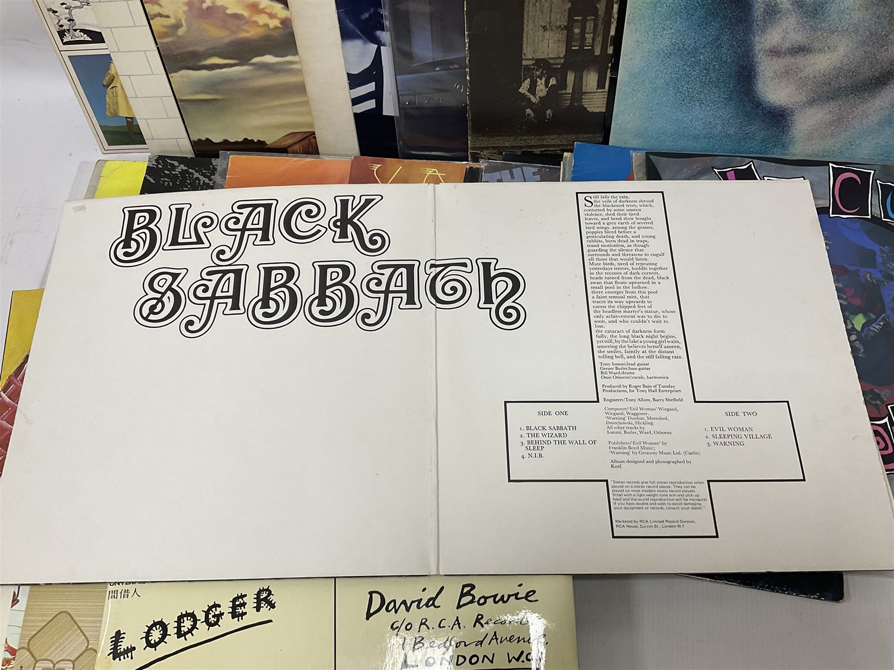 Collection of Rock, Punk and Pop vinyl LP records, including Tyrannosaurus Rex A Beard of Stars, Black Sabbath Paranoid, Derek & The Dominoes Layla, David Bowie Lodger, Kraftwerk Computer World, The Police Zenyatta Mondatta, etc