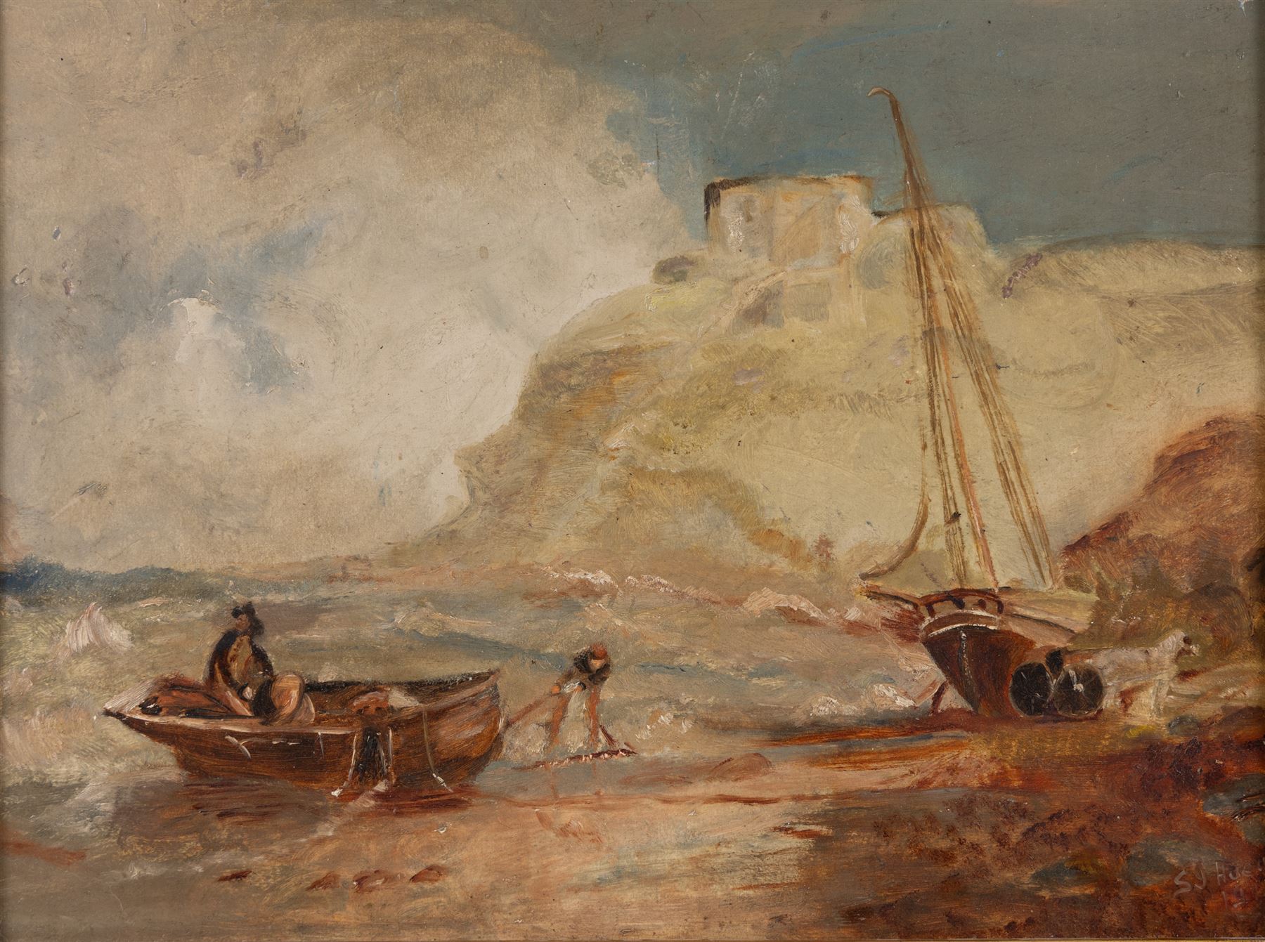 English School (Early 20th Century): Boats Washed Up on the Coast, oil on board indistinctly signed and dated 1915, 20cm x 40cm 