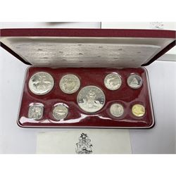 Six Commonwealth of the Bahamas Islands nine coin sets, dated 1972, 1973, 1974, 1975, 1976 and 1979, all minted at the Franklin Mint and containing high denomination silver coins, all cased, and a Bahamas Anniversary 1978 two coin set comprised of two silver proof ten dollar coins, cased 