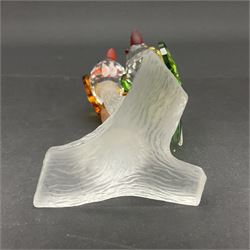 Three Swarovski Crystal bird figures, comprising Toucan, pair of puffins and pair of parrots on a branch, tallest H10cm