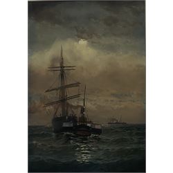 William Thomas Nichols Boyce (British 1858-1911): Paddle Steamer and Sailing Ship by Moonlight, watercolour signed and dated 1902, 49cm x 34cm