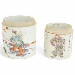 Two Chinese Qing dynasty famille rose pots, decorated with figures from 'Wu Shang Pu', the...