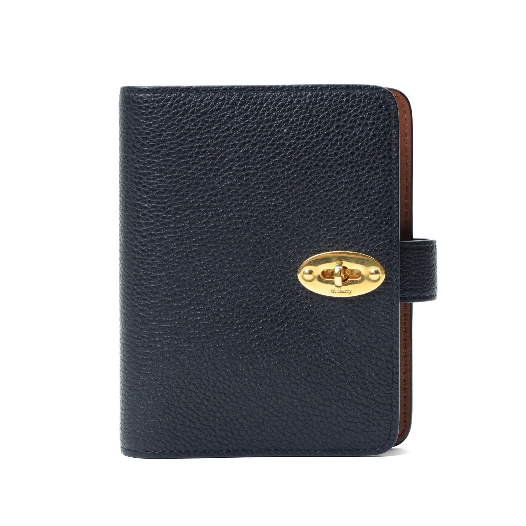 Mulberry - Postman’s Pocket Book, black small classic grain leather, with gold-tone Postman’s Lock fastening, six-ring binder and tan fitted interior with pen holder, with original Mulberry product tag