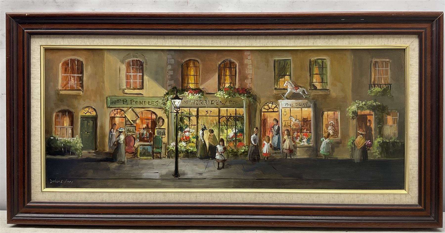 Deborah Jones (British 1921-2012): The Flower Shop, oil on board signed 29cm x 75cm 