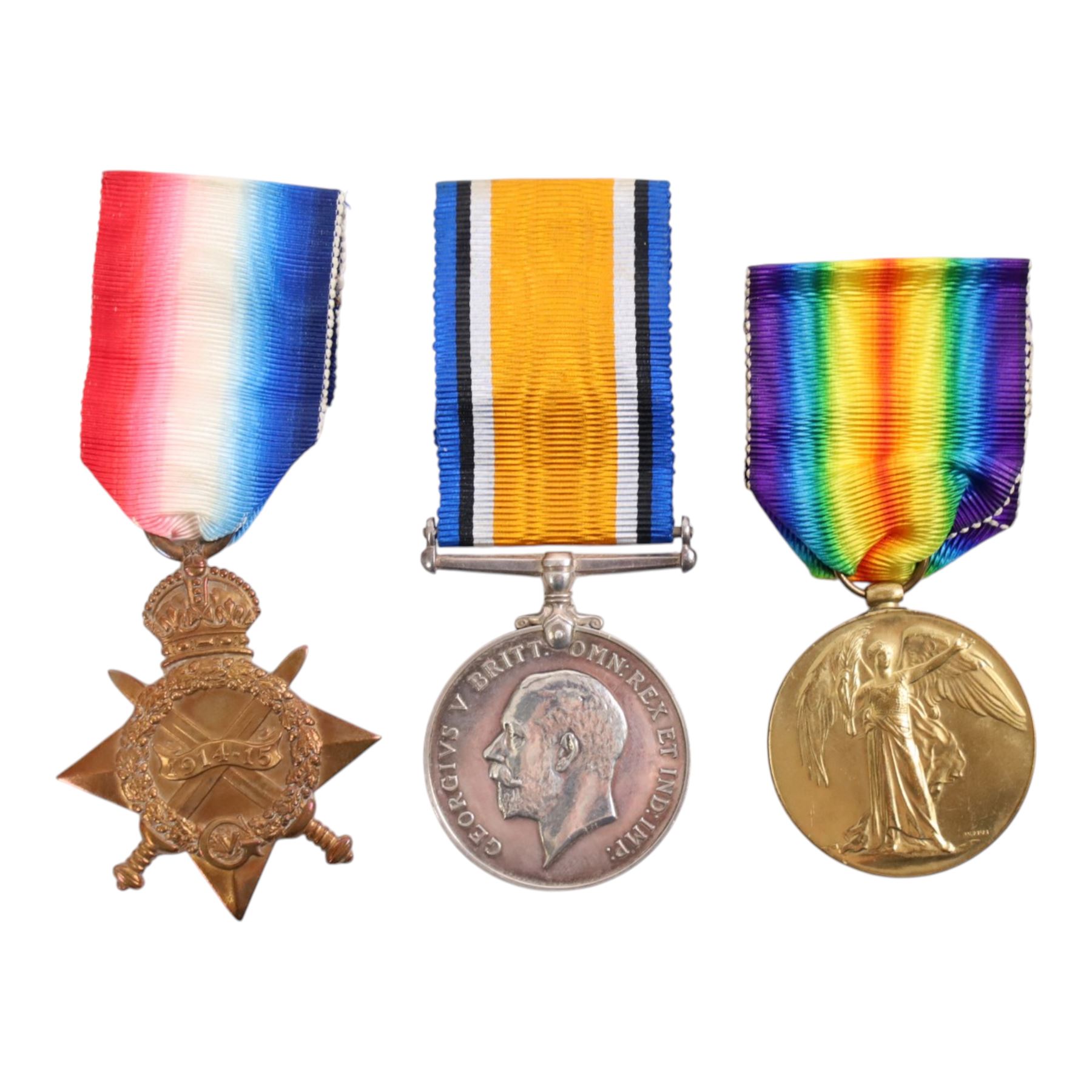 WWI medal set, comprising 1914-15 star, War and Victory medals, awarded to 23038 Pte BL Perry F.W Fus