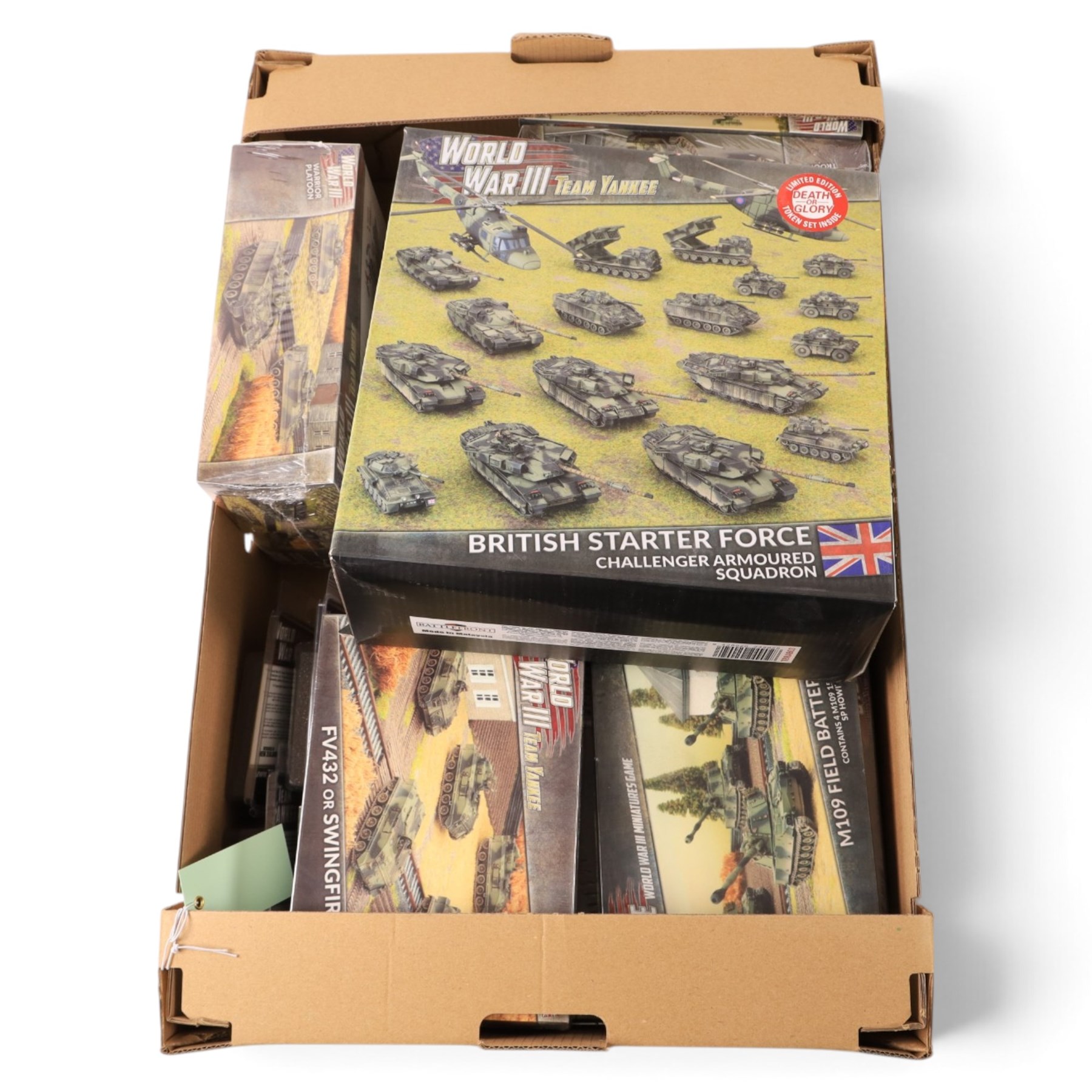 Collection of Battlefront Miniatures World War III Team Yankee 'British' models, comprising no. TBRAB03 British Starter Force - Challenger Armoured Squadron, no. TBBX07 Tracked Rapier Sam Section, no. TBBX12 Warrior Platoon, and others, mostly 1:100, all boxed