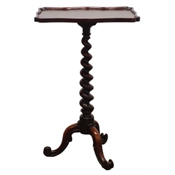  Victorian solid rosewood occasional table, serpentine rectangular top with moulded border, the slender tapering barley twist turned column support with three C scroll carved cabriole legs, W48cm, D35cm, H75cm  