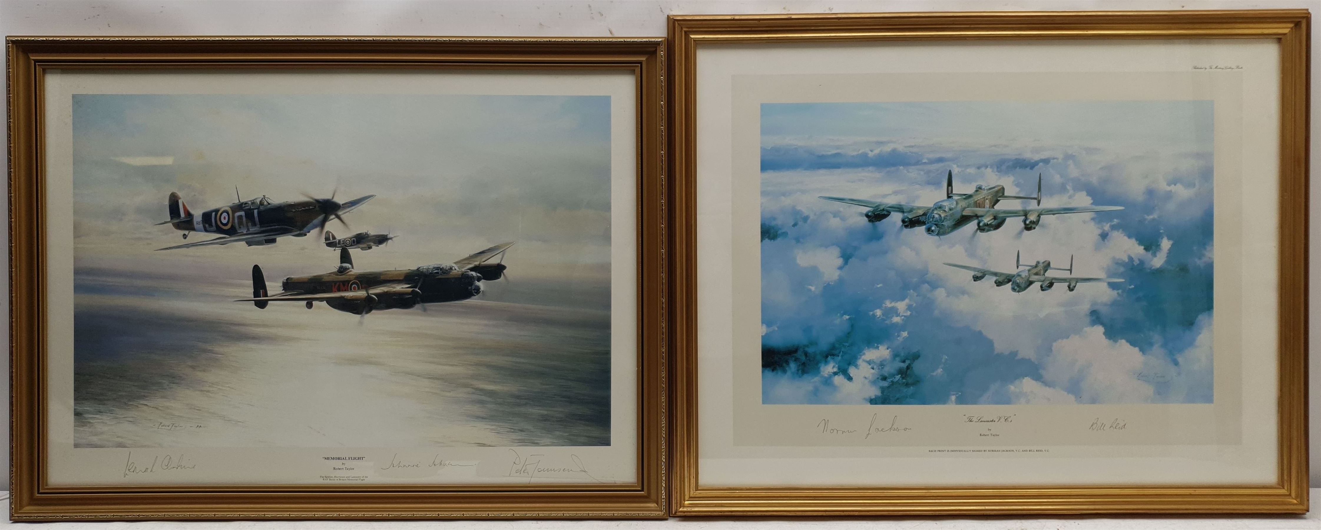 After Robert Taylor (British 1946-): 'Memorial Flight' 'The Lancaster VCs' and 'Lancaster', three colour prints signed by various pilots, max 43cm x 61cm (3)
