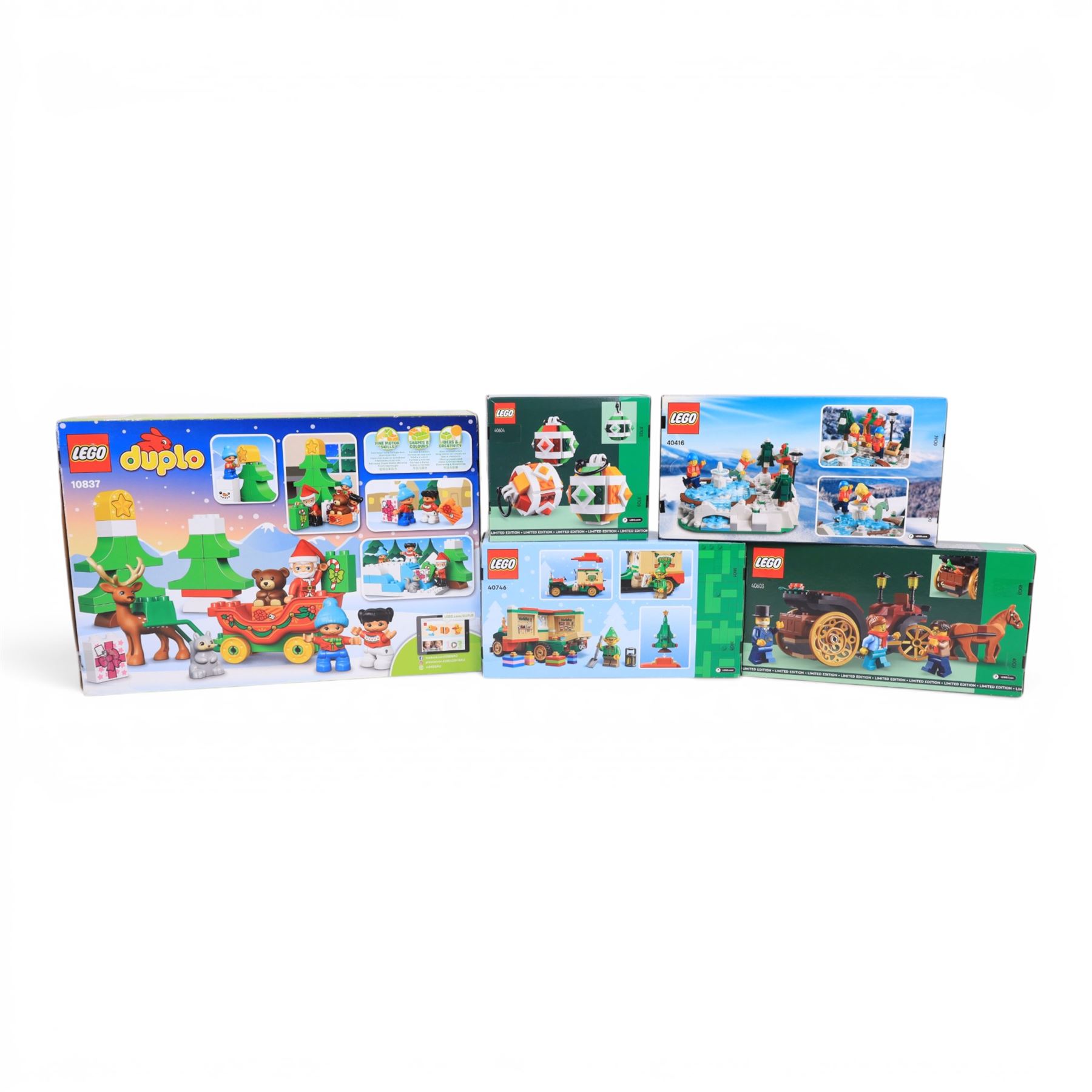 Five Lego sets, comprising Duplo Santa's Winter Holiday no. 10837, Christmas Decor Set no. 40604, Wintertime Carriage Ride no. 40603, Santa's Delivery Truck no. 40746 and Ice Skating Rink no. 40416, all boxed