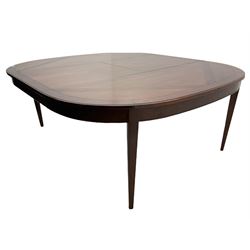 Grange Furniture - cherry wood finish oval extending dining table on square tapering supports, and a set of eight dining chairs with curved backs and upholstered seats 