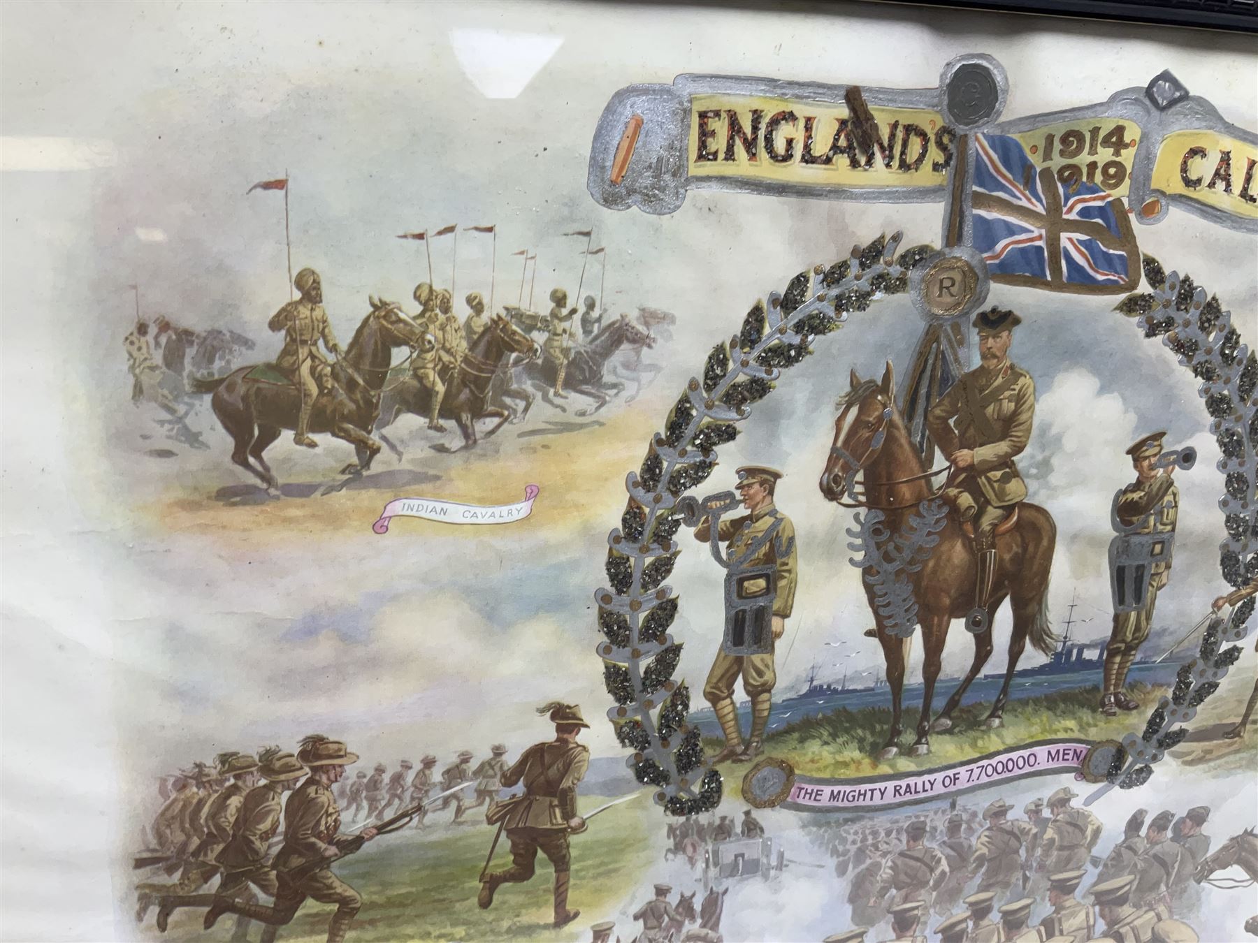 WW1 photogravure print depicting the VC action of Boy (1st Class) John Travers Cornwell mortally wounded in the Battle of Jutland May 31st 1916 34 x 41cm, walnut frame; and WW1 colour print entitled 'England's 1914-1919 Call' in simulated rosewood frame (2)