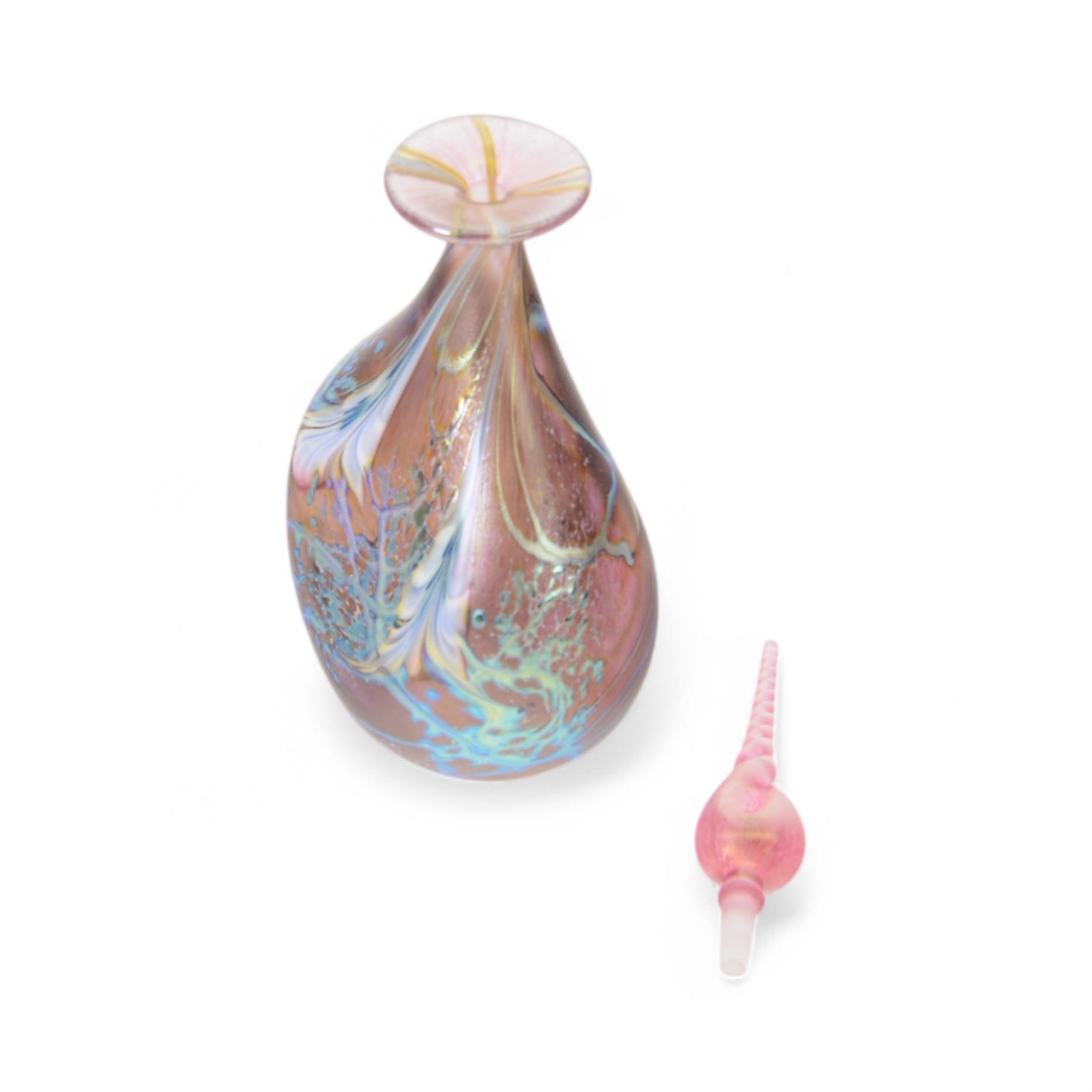 Okra glass scent bottle of ovoid form decorated with iridescent blue design with stylised flowers and leaves, with box, together three other Okra scent bottle with iridescent design, all with original boxes  