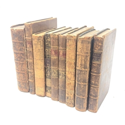  Nine 18th/early19th century full leather bound books including L'Iliade D'Homere. 1711. Paris, The Free Thinker. 1733. London, Human Prudence. 1726. Dublin, the Bachelor of Salamanca. 1784. Dublin etc, all Ex-libris Dunleckney Library with Philip Newton book plate to some  