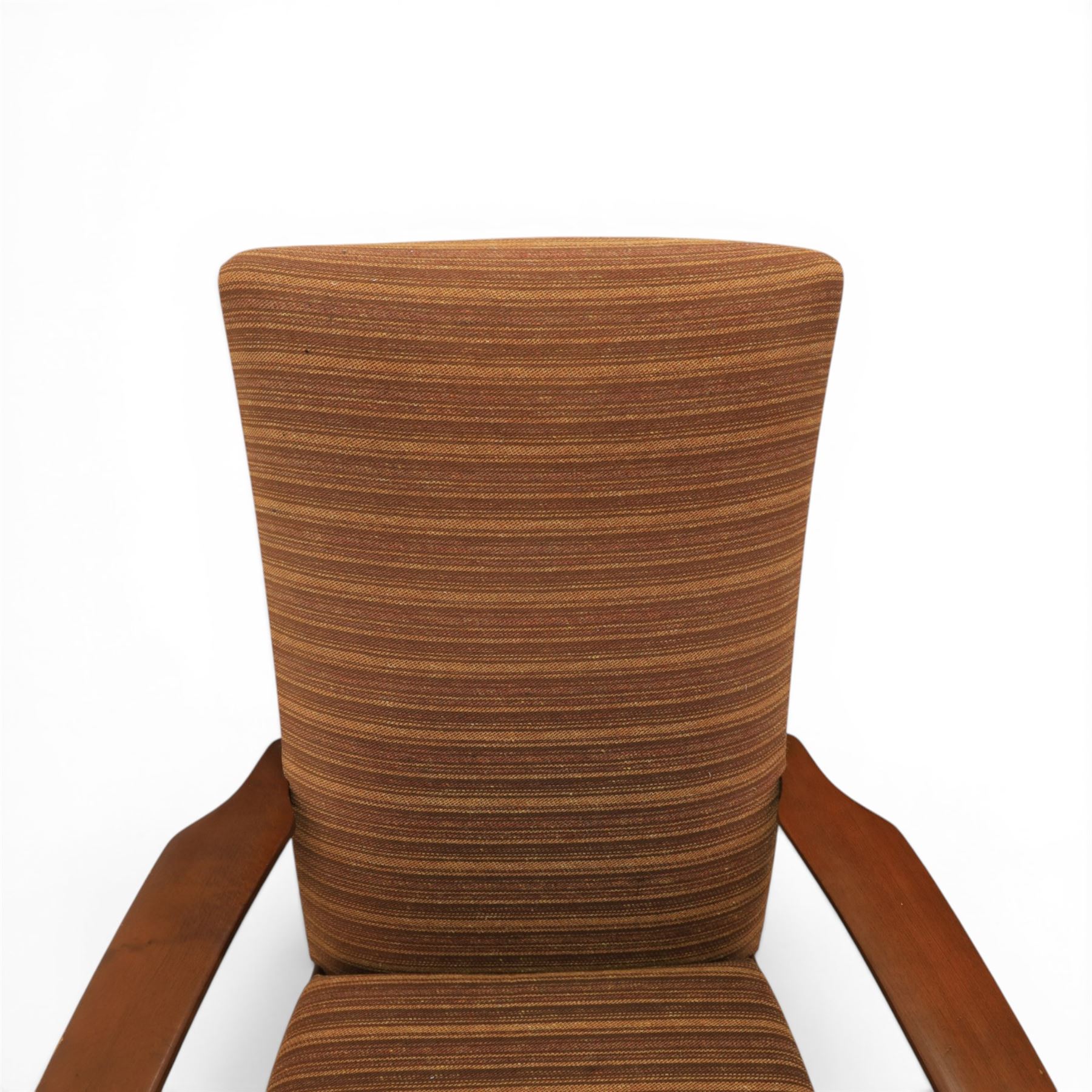 Parker Knoll - 'PK 988' open armchair, with teak frame, upholstered in a striped fabric, raised on tapering supports, the loose seat cushion supported on elasticated webbing 