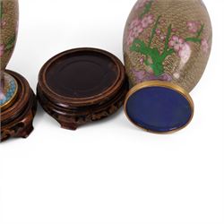Pair of Cloisonné vases decorated with cherry blossom and peonies, upon a carved hardstone wooden base, H24cm 