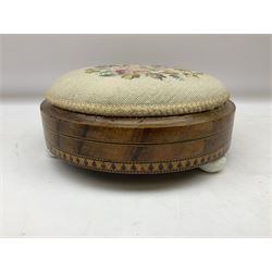Paid of Victorian inlaid walnut footstools, each with padded needlepoint floral top and bun feet, D28cm
