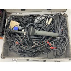 Alesis SR-16 drum machine, Neewer 48V phantom power supply, microphone stand, Genexxa microphone, quantity of jack to jack cables and other similar items