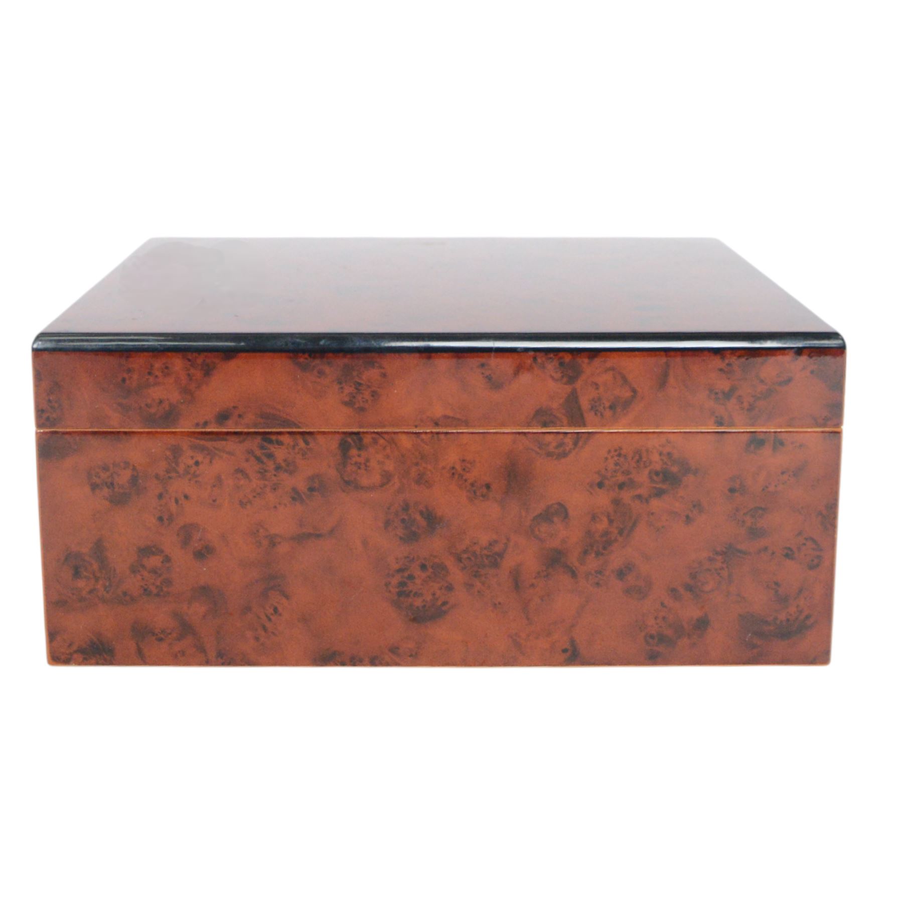 Birdseye maple humidor, together with watch organiser, the hinged lid opening to ten cushioned sections, with draw beneath  