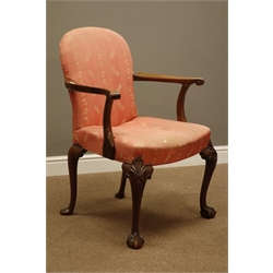  Early 20th century walnut upholstered armchair, shaped arms with scrolled terminals, curved back and dished seat, on ball and claw cabriole legs with carved shells to knees, W72cm  