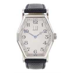 Alfred Dunhill gentleman's stainless steel manual wind wristwatch, silvered octagonal dial with Arabic hour markers, on original black leather strap, with original buckle, boxed