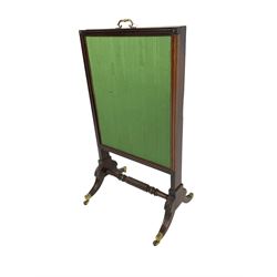 Regency mahogany screen with two horizontal and one vertical pull-out panels, on base with carved sabre legs and rope-twist stretcher