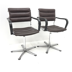 Pair vintage Eames style chrome framed swivel chairs, upholstered back and seat, W53cm
