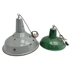 Two enamel industrial light shades, comprising a larger grey example and smaller green example, largest H40cm