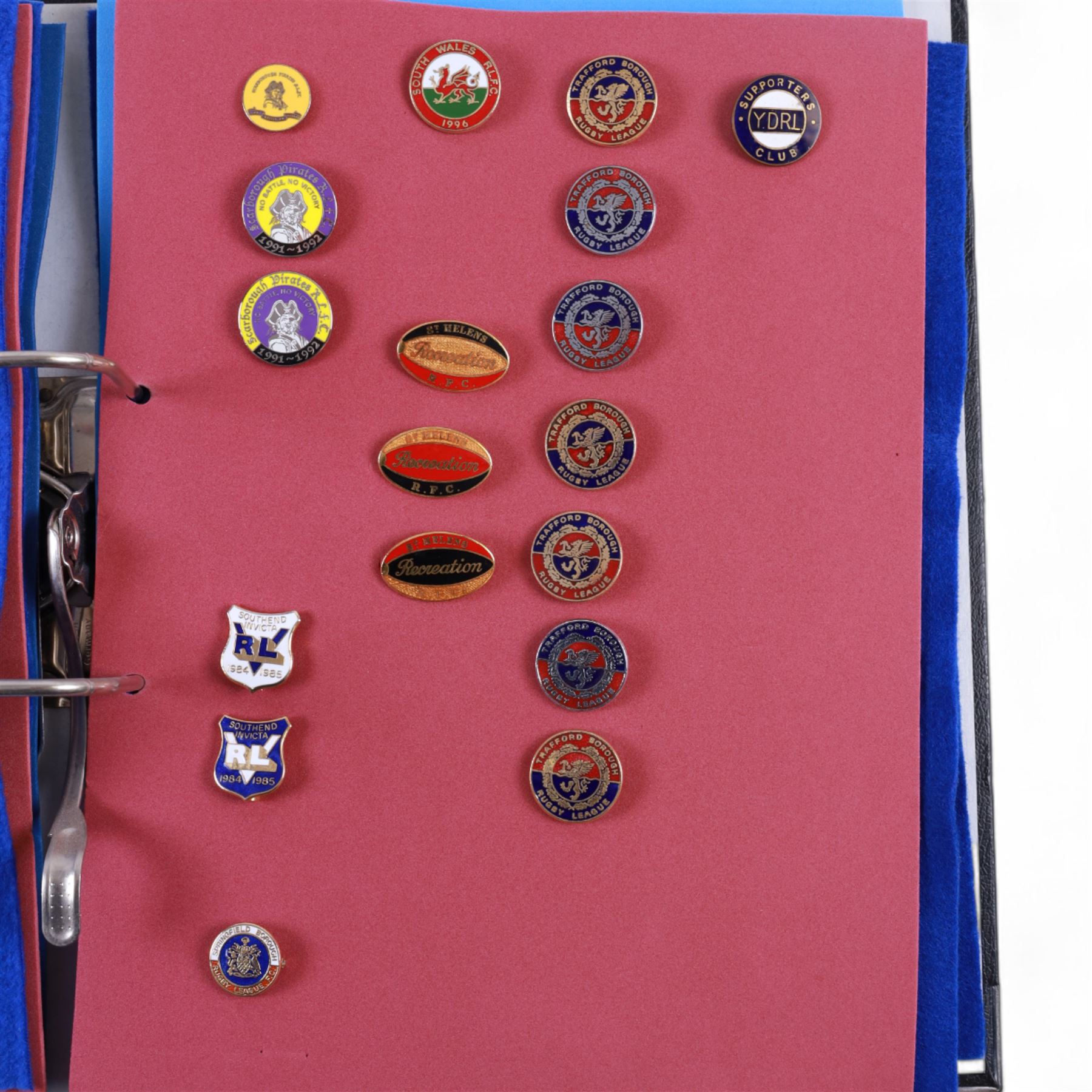 Rugby league enamel badge collection, from clubs including Leeds Rhinos, Lancashire Lynx, Leigh Centurions, London Broncos, Trafford Borough,Toulouse,  Belle Vue Rangers, Carlisle, Nottingham City Outlaws, housed in two folders, (approximately 280)