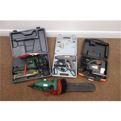  Qualcast Hedge master 380, Earlex heat gun, Bosch All-Purpose saw and a Challenge Extreme jig saw  