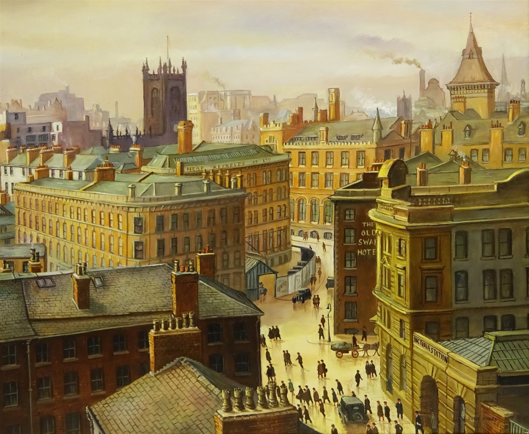 Steven Scholes (Northern British 1952-): Long Mill Gate Manchester 1938, oil on canvas signed 49.5cm x 59.5cm  

