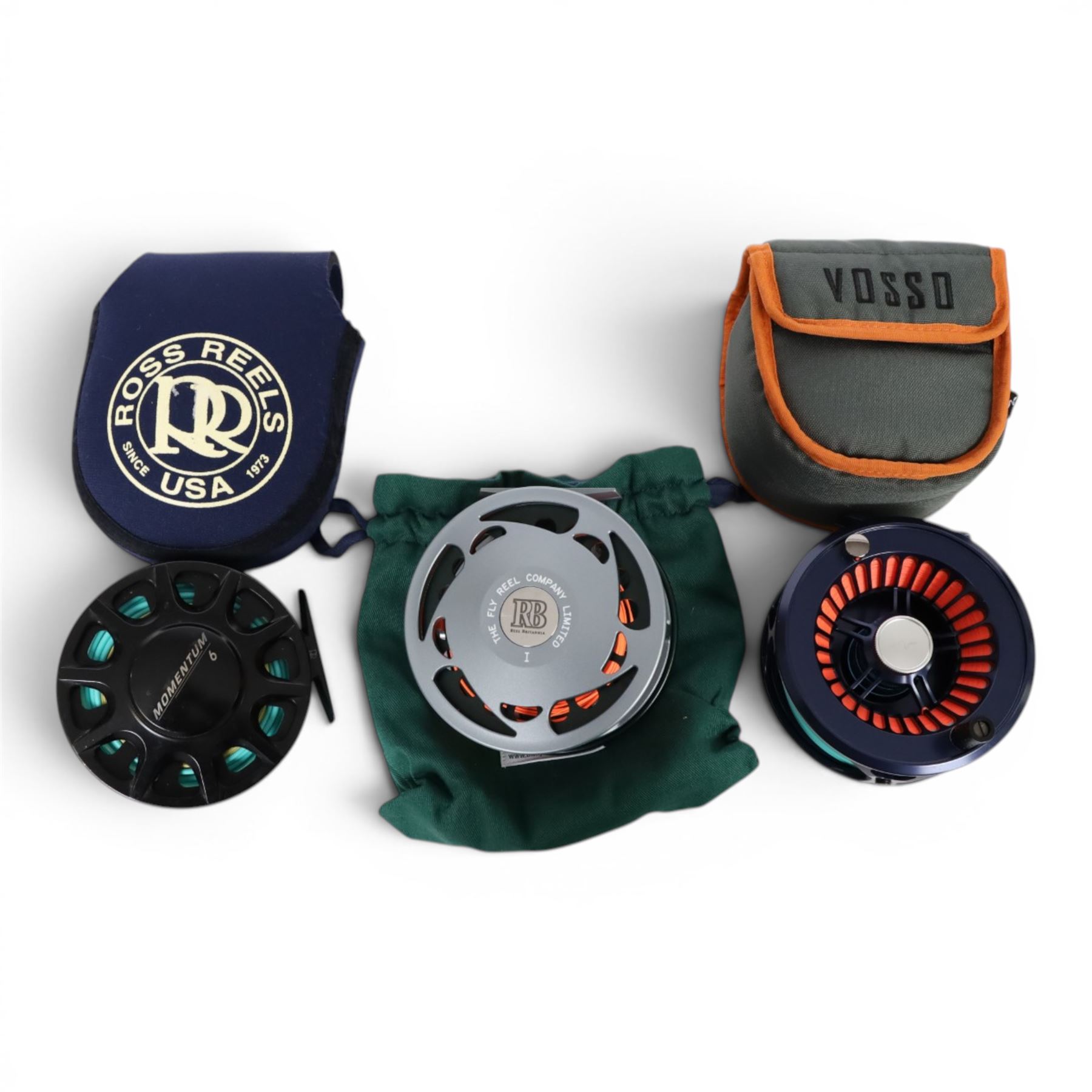 Three fly fishing reels, comprising The Fly Reel Company Limited Reel Britannia RB1 reel, Ross Reels Momentum 6 and a Vosso HD 911, all within pouches