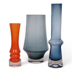 Mid-century Swedish Aseda blue vase, together with sea glasbruk orange vase and one other,...