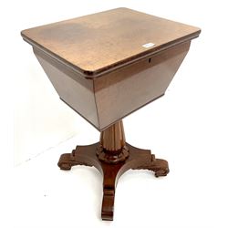 Early 20th century mahogany work box, single hinged lid, tapering column on quatrefoil base with scrolling supports 