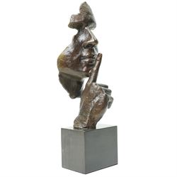 After Salvador Dali (Spanish 1904-1989) 'Serenity'- bronze figure with finger held to mouth, on black marble plinth H47cm